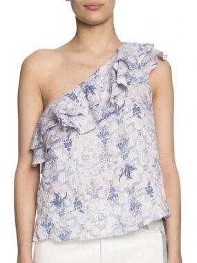 Isabel Marant Etoile one shoulder linen ruffled pink/denim blue top Size FR40/8